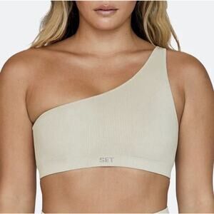 SET Active Sculpt Flex Ribbed One Shoulder Sports Bra S Oat Milk Athleisure Yoga